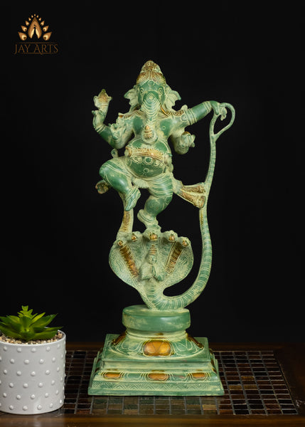 Brass Dancing Ganesha on Kalinga Serpent with Green Patina 19" Handcrafted Hindu Statue