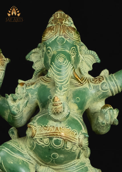 Brass Dancing Ganesha on Kalinga Serpent with Green Patina 19" Handcrafted Hindu Statue