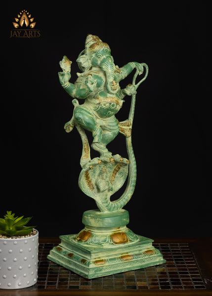 Brass Dancing Ganesha on Kalinga Serpent with Green Patina 19" Handcrafted Hindu Statue