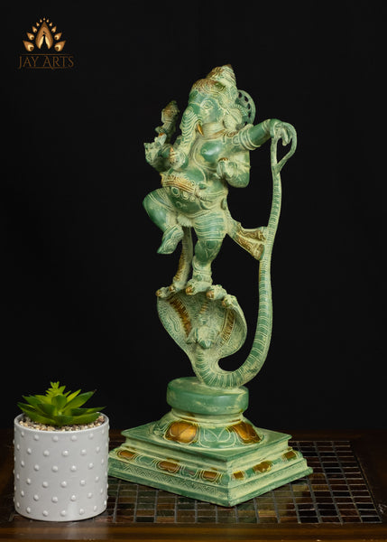 Brass Dancing Ganesha on Kalinga Serpent with Green Patina 19" Handcrafted Hindu Statue