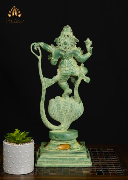 Brass Dancing Ganesha on Kalinga Serpent with Green Patina 19" Handcrafted Hindu Statue