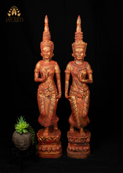 45" Pair of Hand Carved Cambodian Apsara Wood Statues - Celestial Grace in Red and Gold
