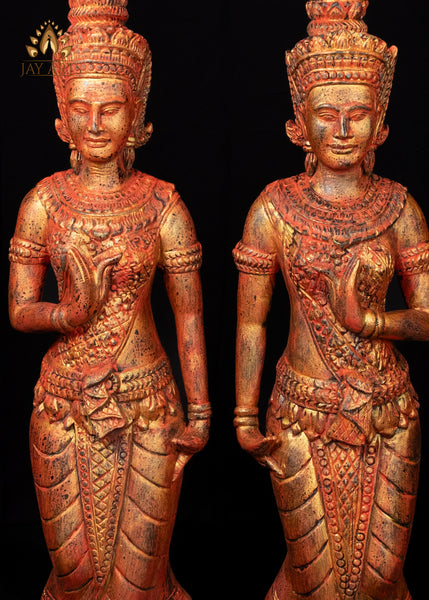 45" Pair of Hand Carved Cambodian Apsara Wood Statues - Celestial Grace in Red and Gold