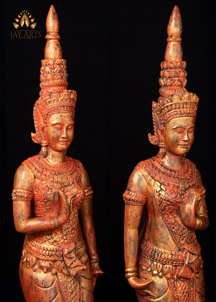 45" Pair of Hand Carved Cambodian Apsara Wood Statues - Celestial Grace in Red and Gold