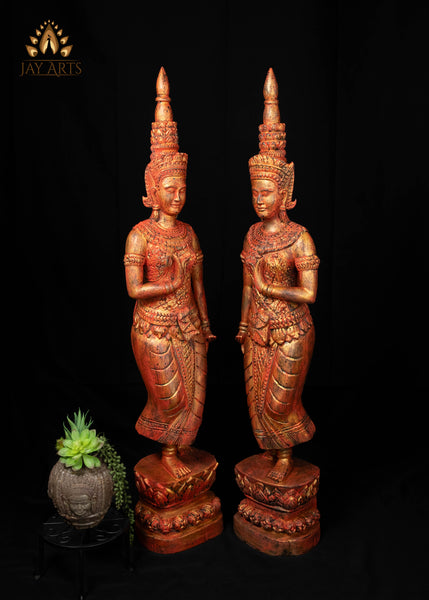 45" Pair of Hand Carved Cambodian Apsara Wood Statues - Celestial Grace in Red and Gold
