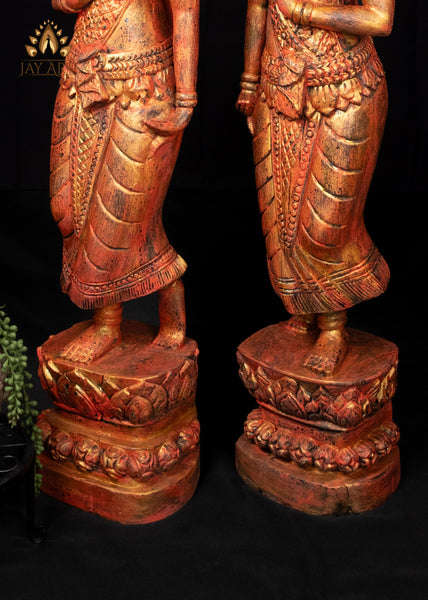 45" Pair of Hand Carved Cambodian Apsara Wood Statues - Celestial Grace in Red and Gold