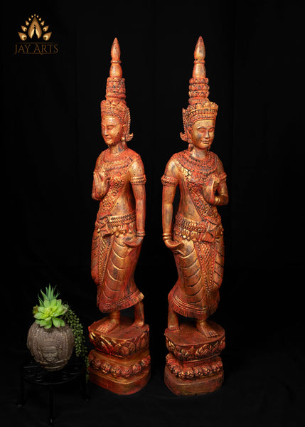 45" Pair of Hand Carved Cambodian Apsara Wood Statues - Celestial Grace in Red and Gold