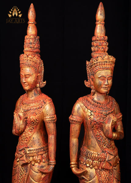 45" Pair of Hand Carved Cambodian Apsara Wood Statues - Celestial Grace in Red and Gold