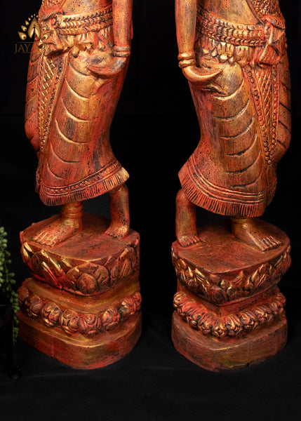 45" Pair of Hand Carved Cambodian Apsara Wood Statues - Celestial Grace in Red and Gold