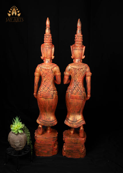 45" Pair of Hand Carved Cambodian Apsara Wood Statues - Celestial Grace in Red and Gold