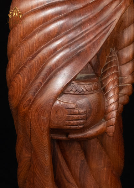 40" Wood Standing Buddha Holding Alms Bowl Hand-Carved in Cambodia