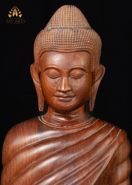 40" Wood Standing Buddha Holding Alms Bowl Hand-Carved in Cambodia