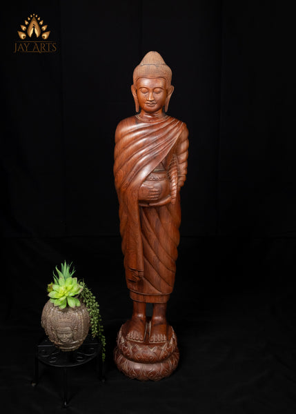 40" Wood Standing Buddha Holding Alms Bowl Hand-Carved in Cambodia