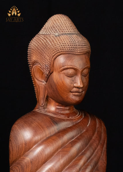 40" Wood Standing Buddha Holding Alms Bowl Hand-Carved in Cambodia