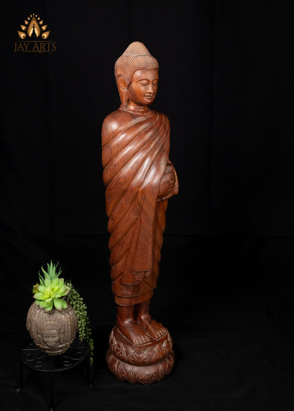 40" Wood Standing Buddha Holding Alms Bowl Hand-Carved in Cambodia