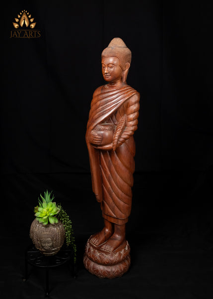 40" Wood Standing Buddha Holding Alms Bowl Hand-Carved in Cambodia