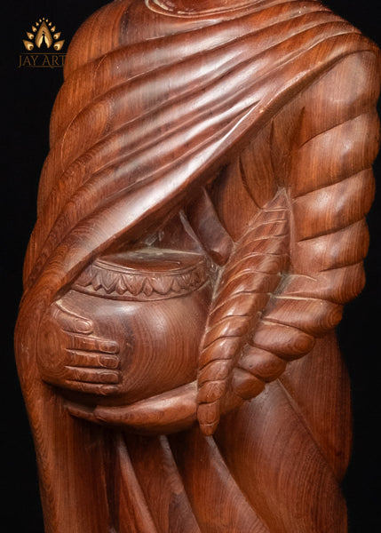 40" Wood Standing Buddha Holding Alms Bowl Hand-Carved in Cambodia