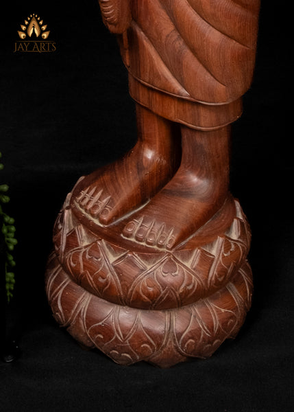 40" Wood Standing Buddha Holding Alms Bowl Hand-Carved in Cambodia