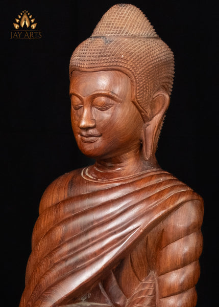 40" Wood Standing Buddha Holding Alms Bowl Hand-Carved in Cambodia