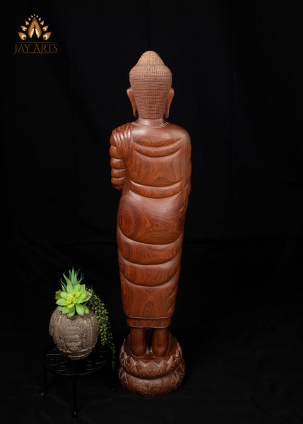 40" Wood Standing Buddha Holding Alms Bowl Hand-Carved in Cambodia