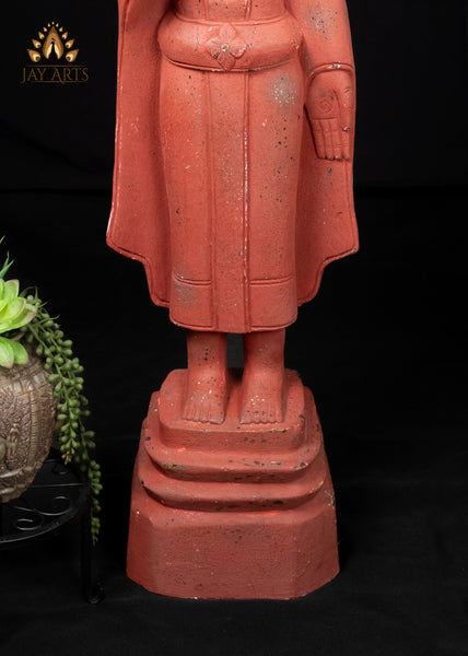 40" Standing Buddha in Abhaya and Varada Mudra | Hand-Carved Cambodian Wood Statue Clay Red Finish