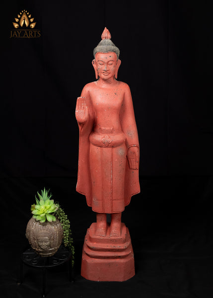 40" Standing Buddha in Abhaya and Varada Mudra | Hand-Carved Cambodian Wood Statue Clay Red Finish