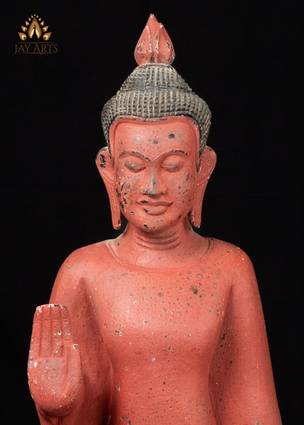 40" Standing Buddha in Abhaya and Varada Mudra | Hand-Carved Cambodian Wood Statue Clay Red Finish
