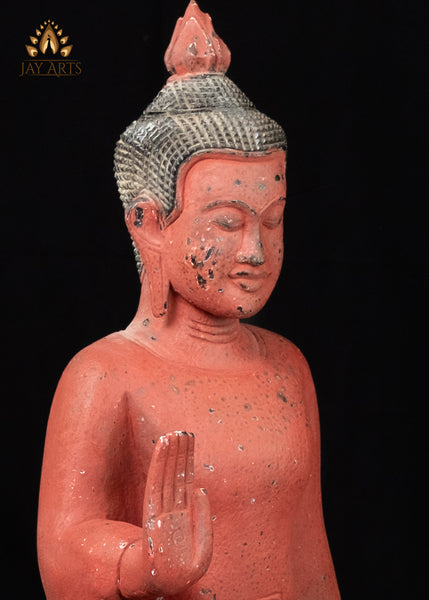 40" Standing Buddha in Abhaya and Varada Mudra | Hand-Carved Cambodian Wood Statue Clay Red Finish