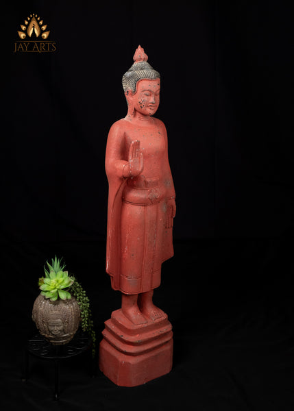 40" Standing Buddha in Abhaya and Varada Mudra | Hand-Carved Cambodian Wood Statue Clay Red Finish