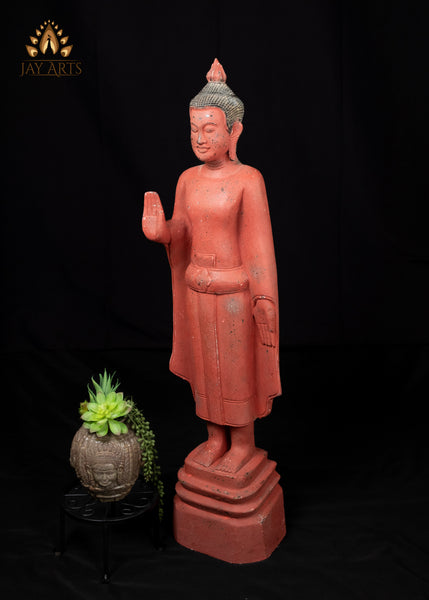 40" Standing Buddha in Abhaya and Varada Mudra | Hand-Carved Cambodian Wood Statue Clay Red Finish