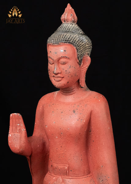 40" Standing Buddha in Abhaya and Varada Mudra | Hand-Carved Cambodian Wood Statue Clay Red Finish