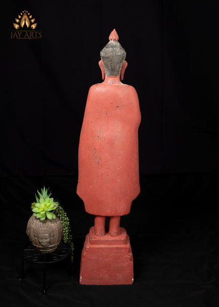 40" Standing Buddha in Abhaya and Varada Mudra | Hand-Carved Cambodian Wood Statue Clay Red Finish
