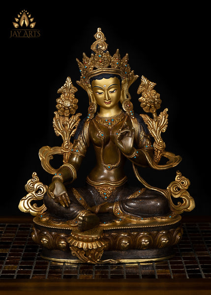 13” Tibetan Buddhist Goddess Green Tara - Copper Statue from Nepal