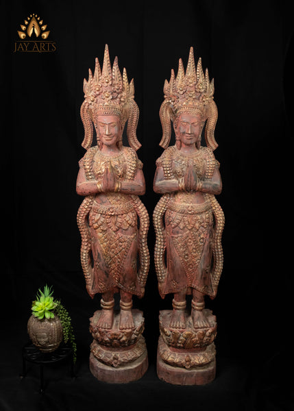 51" Tall Cambodian Wood Apsara Statue Pair in Namaste Pose |  Hand-Carved Khmer Art