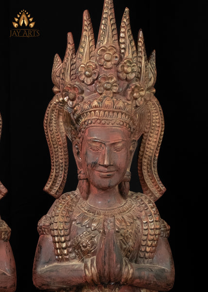 51" Tall Cambodian Wood Apsara Statue Pair in Namaste Pose |  Hand-Carved Khmer Art