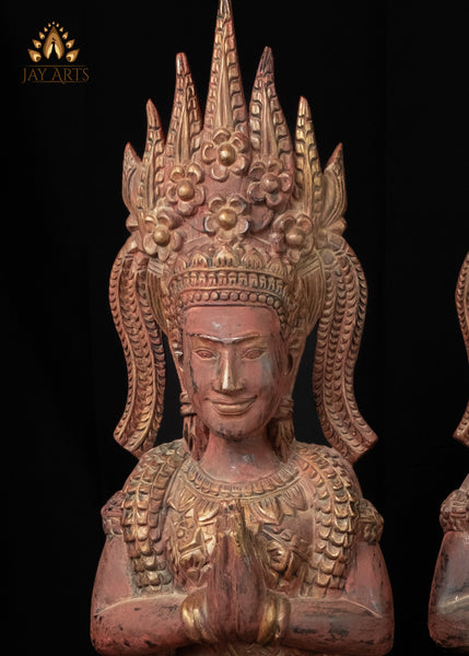 51" Tall Cambodian Wood Apsara Statue Pair in Namaste Pose |  Hand-Carved Khmer Art