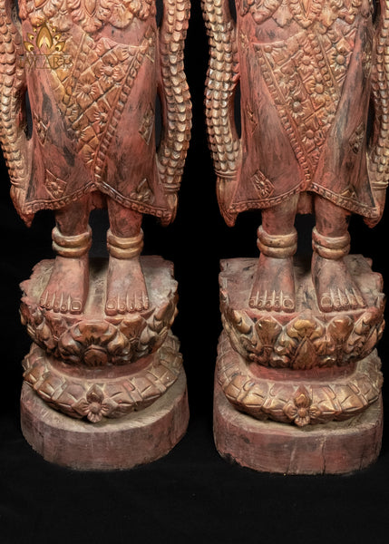 51" Tall Cambodian Wood Apsara Statue Pair in Namaste Pose |  Hand-Carved Khmer Art