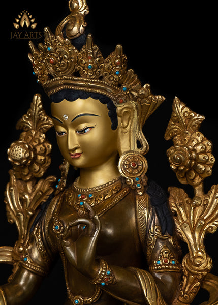 13” Tibetan Buddhist Goddess Green Tara - Copper Statue from Nepal