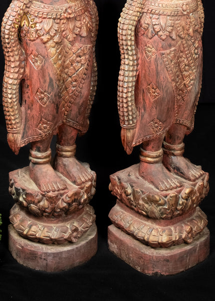 51" Tall Cambodian Wood Apsara Statue Pair in Namaste Pose |  Hand-Carved Khmer Art