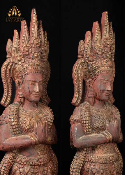 51" Tall Cambodian Wood Apsara Statue Pair in Namaste Pose |  Hand-Carved Khmer Art