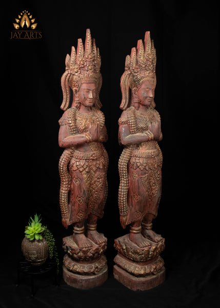 51" Tall Cambodian Wood Apsara Statue Pair in Namaste Pose |  Hand-Carved Khmer Art