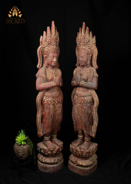 51" Tall Cambodian Wood Apsara Statue Pair in Namaste Pose |  Hand-Carved Khmer Art