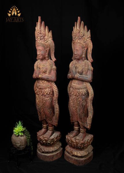 51" Tall Cambodian Wood Apsara Statue Pair in Namaste Pose |  Hand-Carved Khmer Art
