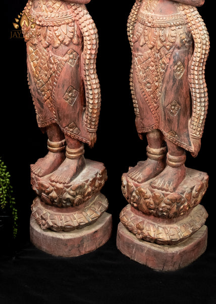 51" Tall Cambodian Wood Apsara Statue Pair in Namaste Pose |  Hand-Carved Khmer Art