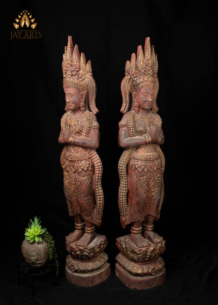 51" Tall Cambodian Wood Apsara Statue Pair in Namaste Pose |  Hand-Carved Khmer Art