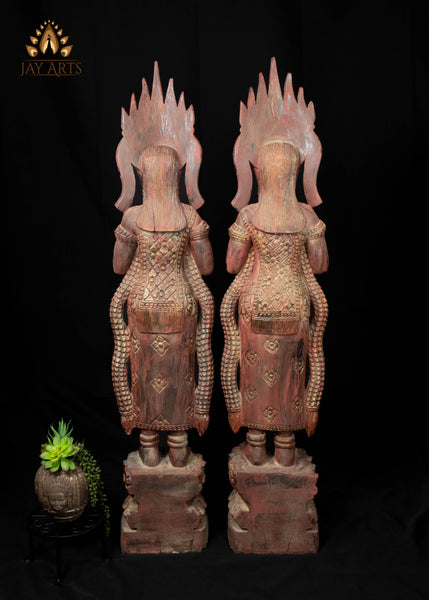 51" Tall Cambodian Wood Apsara Statue Pair in Namaste Pose |  Hand-Carved Khmer Art