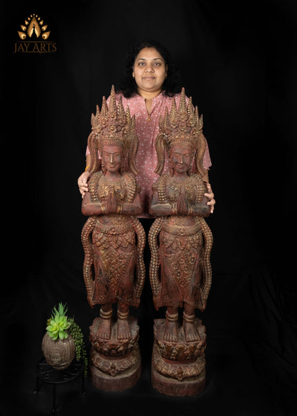 51" Tall Cambodian Wood Apsara Statue Pair in Namaste Pose |  Hand-Carved Khmer Art