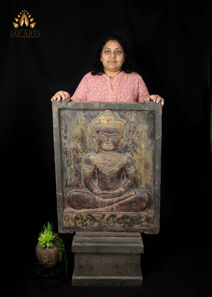 43" Double-Sided Cambodian Buddha & Vishnu Wood Panel | Hand-carved in Old Wood Rustic Finish