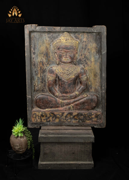 43" Double-Sided Cambodian Buddha & Vishnu Wood Panel | Hand-carved in Old Wood Rustic Finish