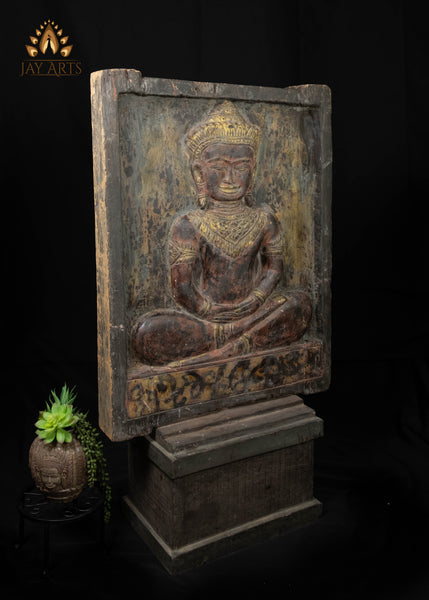 43" Double-Sided Cambodian Buddha & Vishnu Wood Panel | Hand-carved in Old Wood Rustic Finish